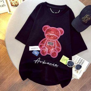 Black T-Shirt w/Red & Pink Sequin Teddy Bear XL